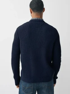 Next Navy Blue Regular Fit Aran Cable Mock Shirt Jumper^ Knitwear|Knitwear