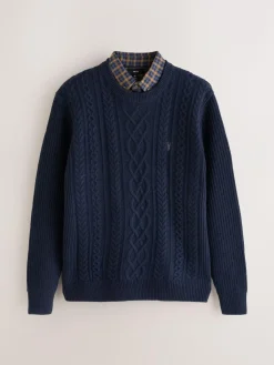 Next Navy Blue Regular Fit Aran Cable Mock Shirt Jumper^ Knitwear|Knitwear