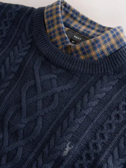 Next Navy Blue Regular Fit Aran Cable Mock Shirt Jumper^ Knitwear|Knitwear