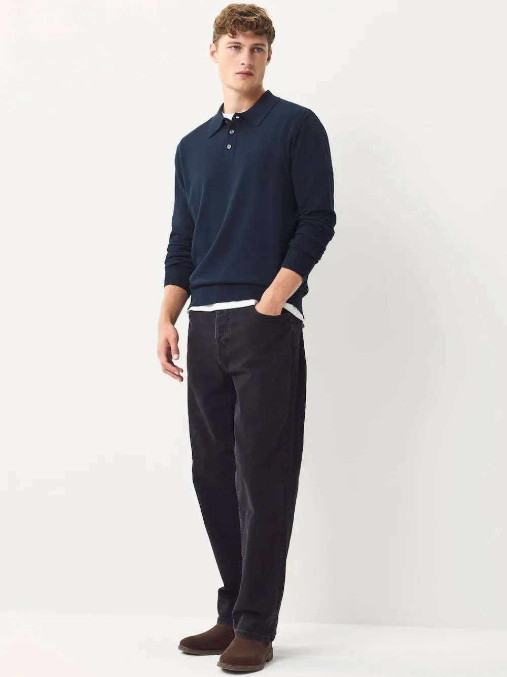 Next Navy Blue Regular Fit Cotton Rich Long Sleeve Knitted Polo Shirt^ Tops & T-Shirts|Knitwear