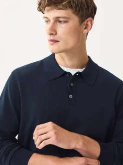 Next Navy Blue Regular Fit Cotton Rich Long Sleeve Knitted Polo Shirt^ Tops & T-Shirts|Knitwear