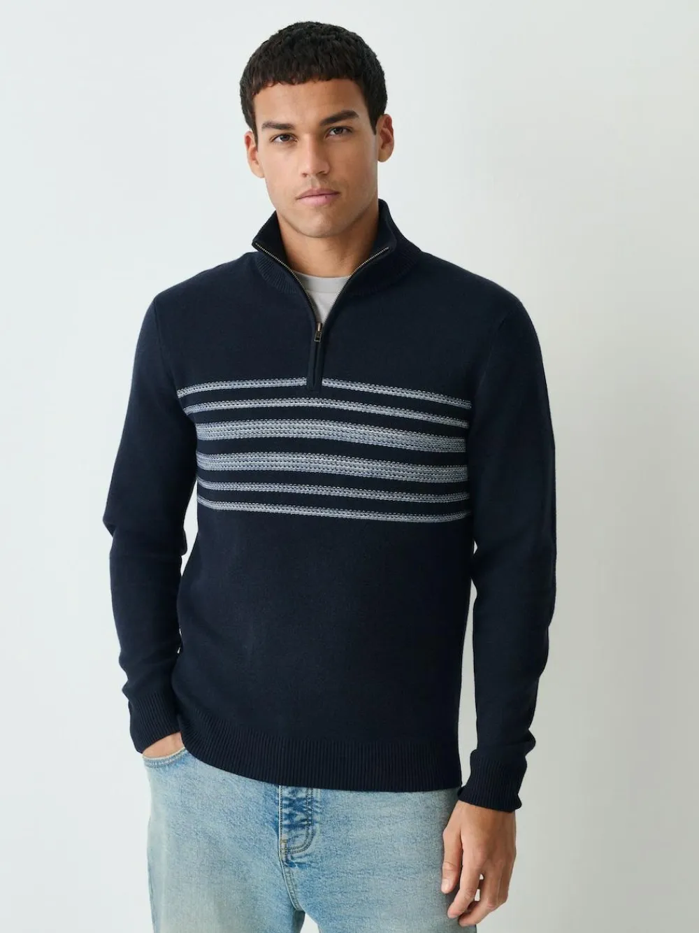 Outlet Next Navy Blue Regular Fit Essential Chest Block Stripe Quarter Zip Neck Jumper