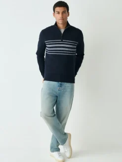 Outlet Next Navy Blue Regular Fit Essential Chest Block Stripe Quarter Zip Neck Jumper
