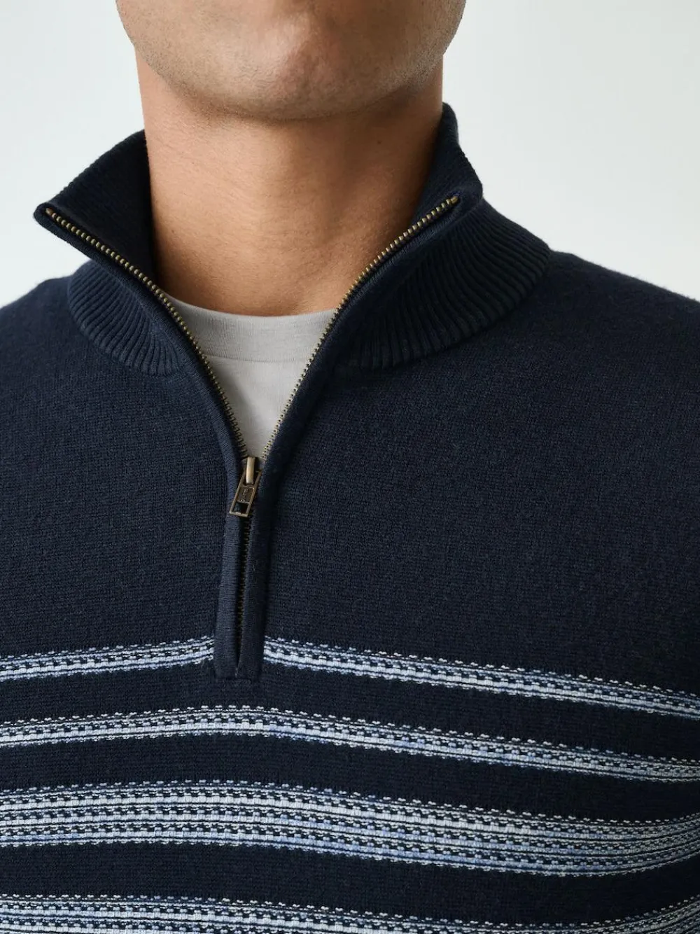 Outlet Next Navy Blue Regular Fit Essential Chest Block Stripe Quarter Zip Neck Jumper