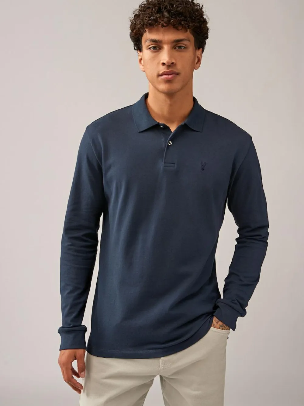 Clearance Next Navy Blue Regular Fit Long Sleeve Pique Polo Shirt