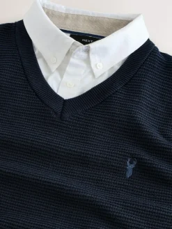 Best Next Regular Fit Textured Oxford Mock Shirt Jumper Navy Blue