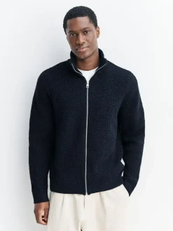 Discount Next Navy Blue Regular Fit Waffle Texture Chenille Zip Through Cardigan