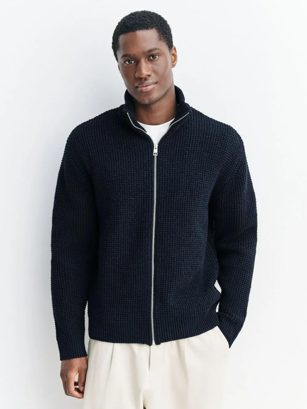 Discount Next Navy Blue Regular Fit Waffle Texture Chenille Zip Through Cardigan
