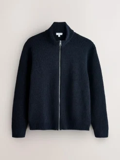 Discount Next Navy Blue Regular Fit Waffle Texture Chenille Zip Through Cardigan