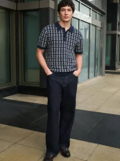 Sale Next Navy Blue Relaxed Fit Geo Pattern Short Sleeve Knitted Polo Shirt