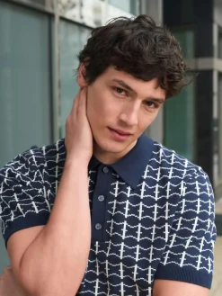 Sale Next Navy Blue Relaxed Fit Geo Pattern Short Sleeve Knitted Polo Shirt