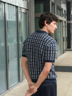 Sale Next Navy Blue Relaxed Fit Geo Pattern Short Sleeve Knitted Polo Shirt