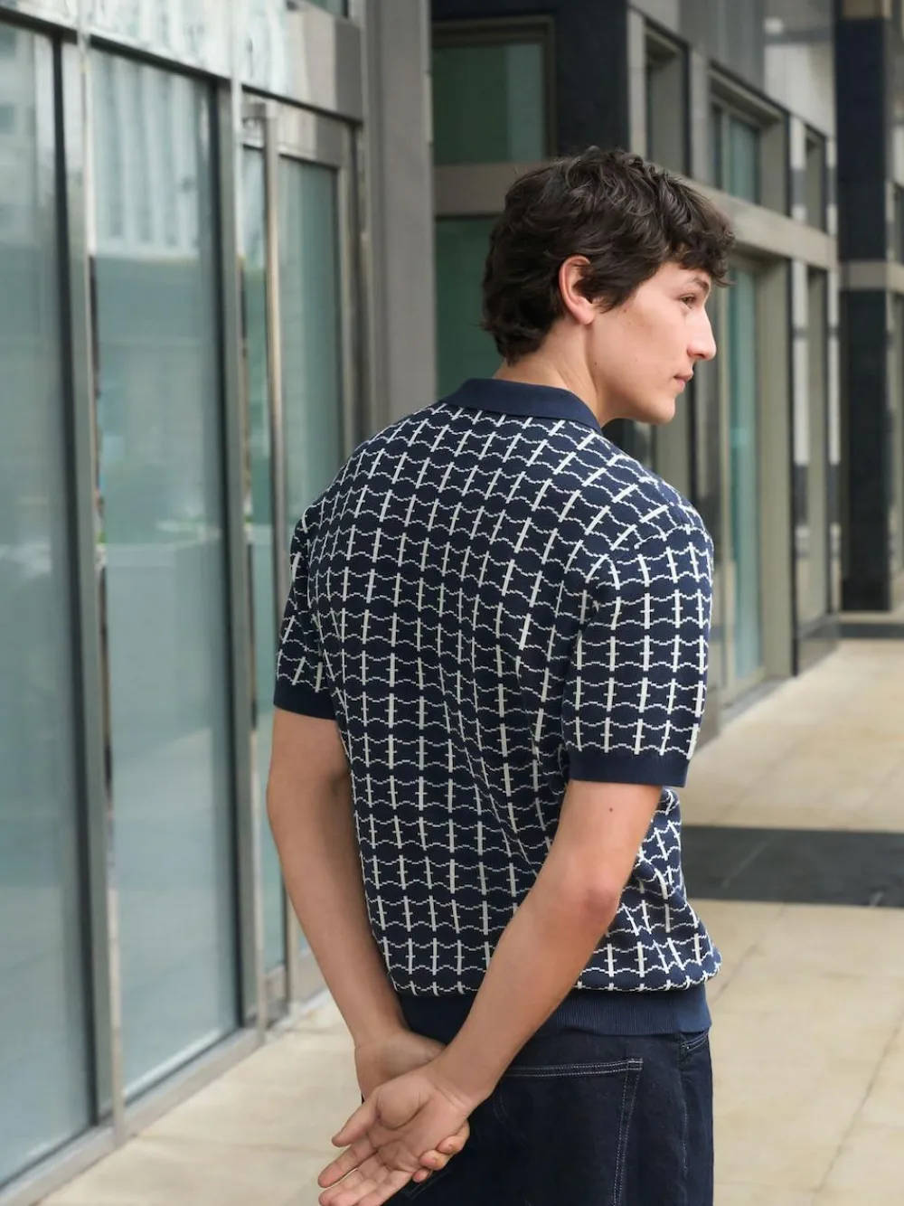 Sale Next Navy Blue Relaxed Fit Geo Pattern Short Sleeve Knitted Polo Shirt