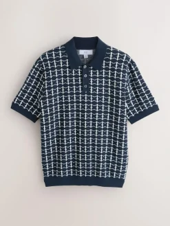 Sale Next Navy Blue Relaxed Fit Geo Pattern Short Sleeve Knitted Polo Shirt