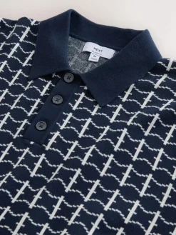 Sale Next Navy Blue Relaxed Fit Geo Pattern Short Sleeve Knitted Polo Shirt