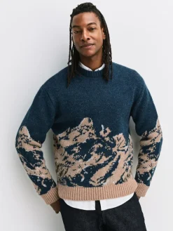 Next Navy Blue Relaxed Fit Knitted Mountain Landscape Crew Neck Jumper^ Nightwear|Knitwear