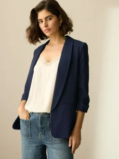 Next Navy Blue Relaxed Ruched Sleeve Blazer^Women Blazers|Suits & Tailoring