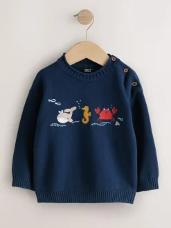 Best Next Navy Blue Sealife Character Knitted Crew Neck Jumper (3mths-7yrs)