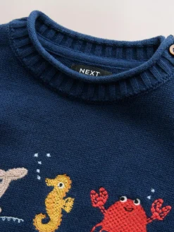 Best Next Navy Blue Sealife Character Knitted Crew Neck Jumper (3mths-7yrs)