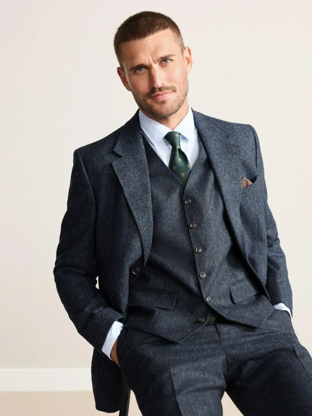 Discount Next Signature Abraham Moon 100% British Wool Donegal Suit Waistcoat Navy Blue