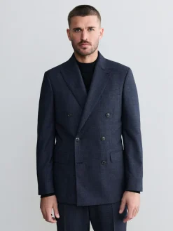 New Next Navy Blue Signature Marzotto 100% Italian Wool Double Breasted Check Suit Jacket