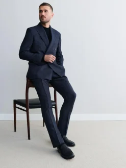 New Next Navy Blue Signature Marzotto 100% Italian Wool Double Breasted Check Suit Jacket