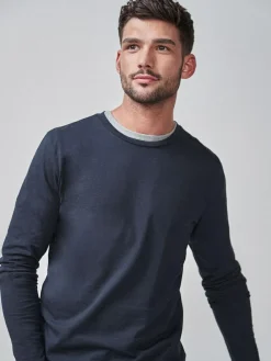 Online Next Slim Fit Long Sleeve Crew Neck T-Shirt Navy Blue