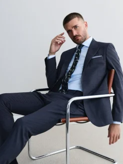 New Next Navy Blue Slim Fit Slim Fit Signature Marzotto 100% Italian Wool Check Suit Jacket