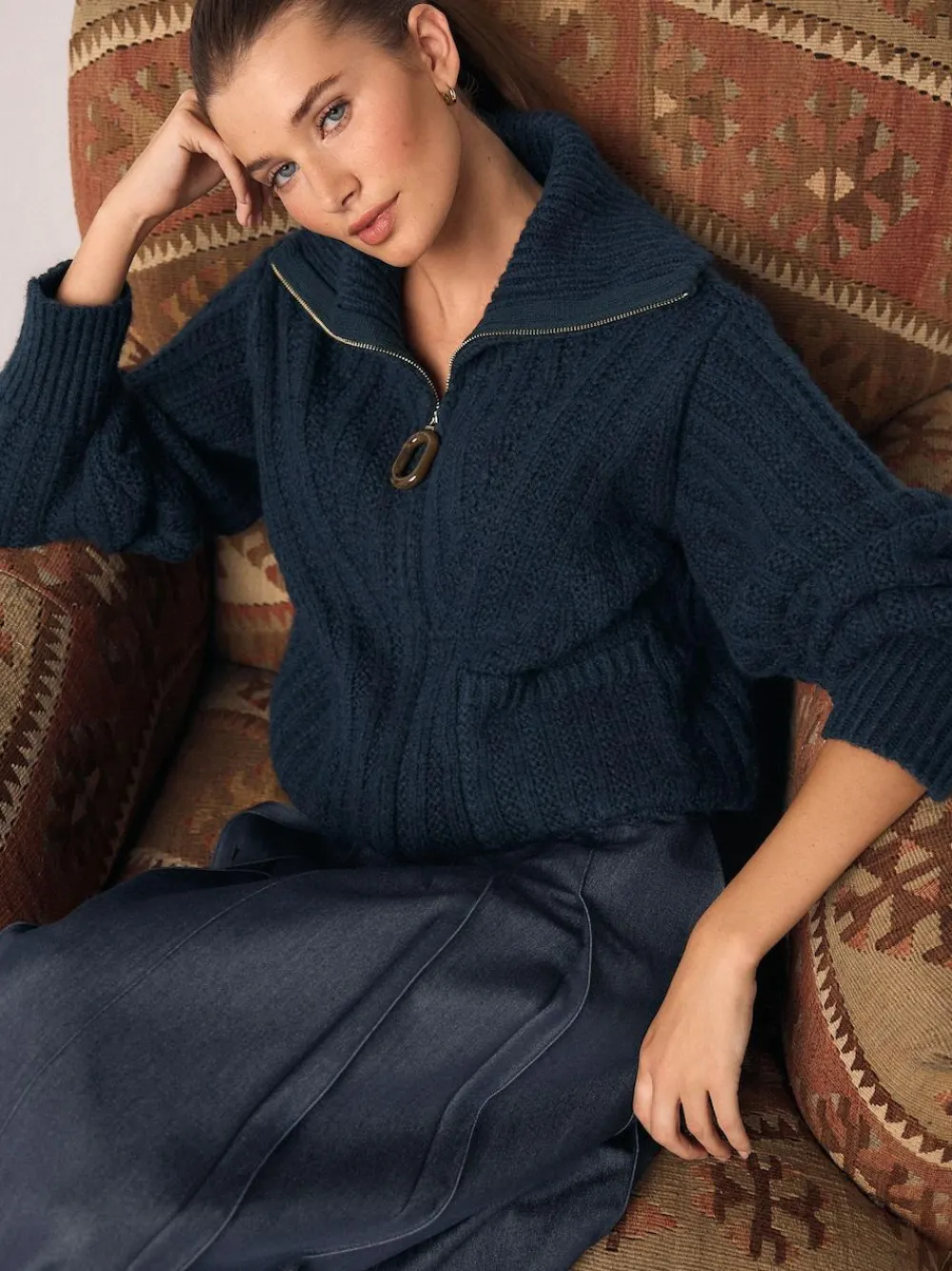 Clearance Next Navy Blue Stitchy Knitted Zip Up Collar Cardigan