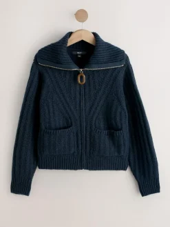 Clearance Next Navy Blue Stitchy Knitted Zip Up Collar Cardigan