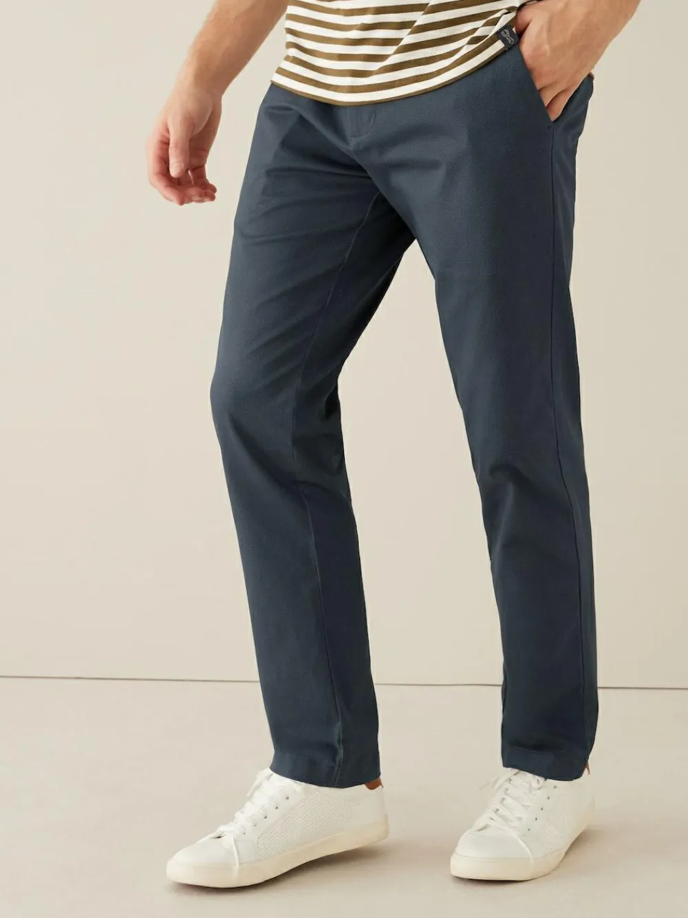 New Next Straight Fit Printed Belted Soft Touch Chino Trousers Navy Blue