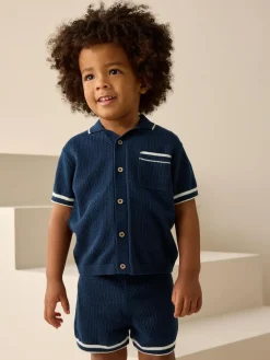 Sale Next Textured Revere Collar Knitted Polo Shirt and Shorts Set (3mths-10yrs) Navy Blue