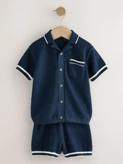 Sale Next Textured Revere Collar Knitted Polo Shirt and Shorts Set (3mths-10yrs) Navy Blue