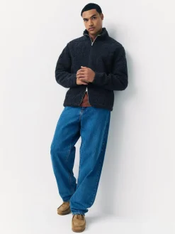 Hot Next Full Zip Funnel Neck Fleece Navy Blue Tufted