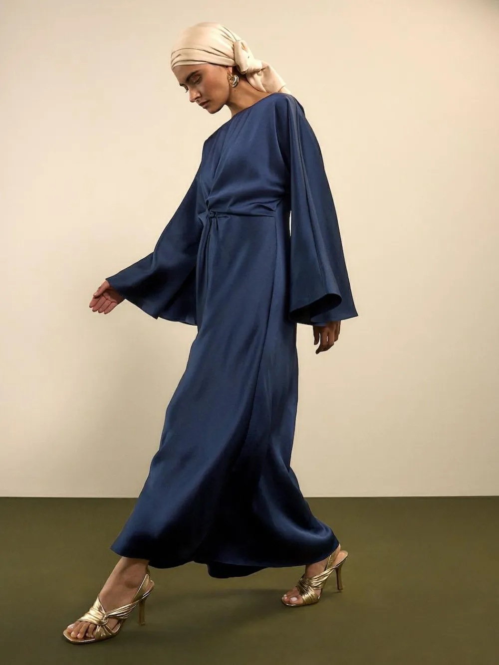 Best Next Twist Front Long Sleeve Satin Maxi Dress Navy Blue