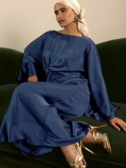 Best Next Twist Front Long Sleeve Satin Maxi Dress Navy Blue