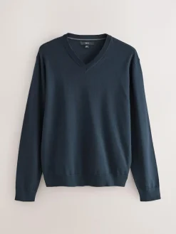 New Next V-Neck Cotton Rich Long Sleeve Jumper Navy Blue
