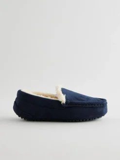 Next Cosy Moccasin Slippers Navy Blue with Neutral Warm Lining
