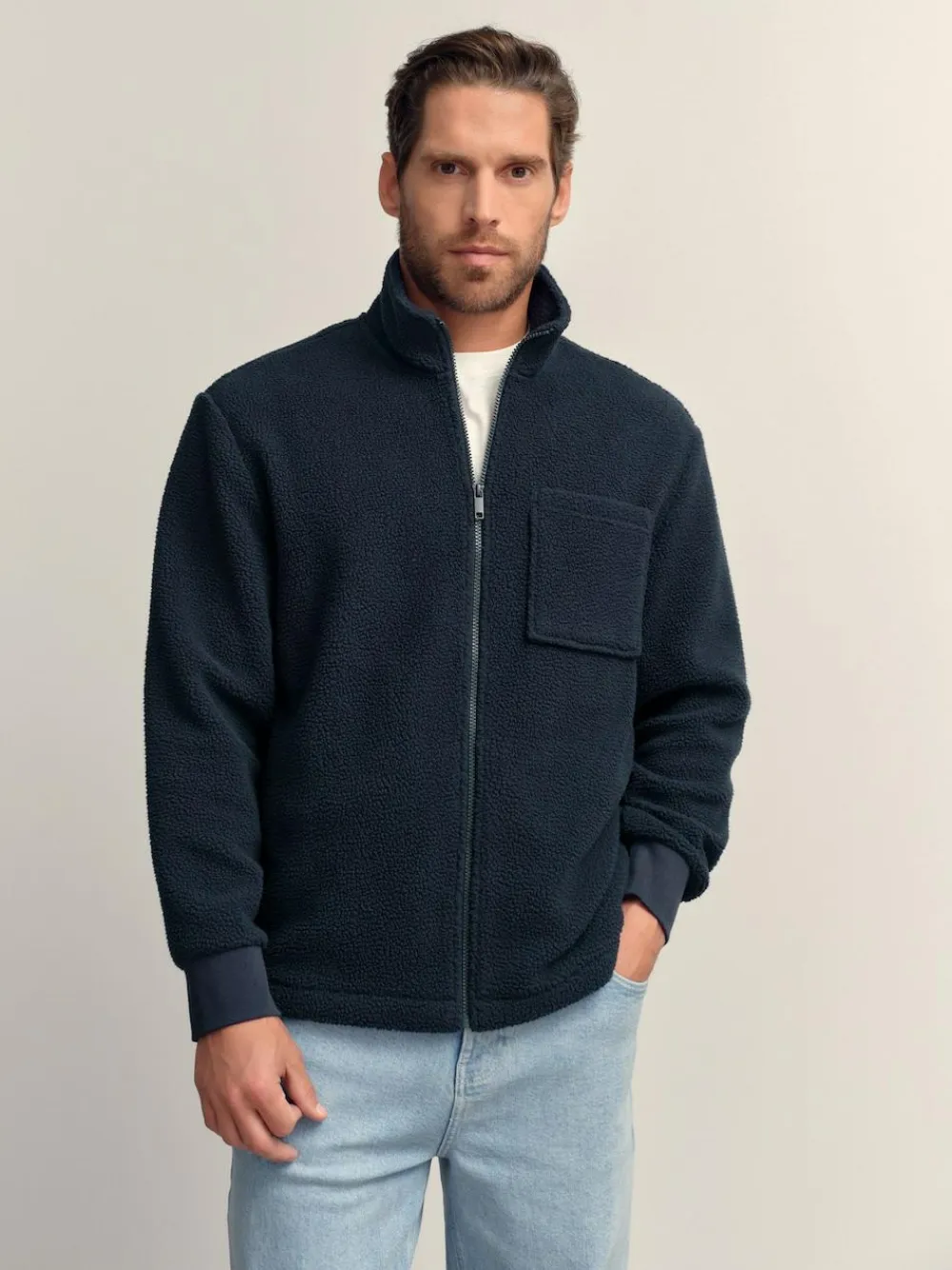 Outlet Next Zip Through Borg Fleece Navy Blue