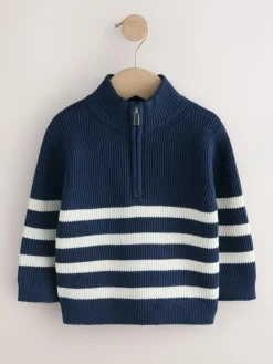 Clearance Next Knitted Quarter Zip Jumper (3mths-7yrs) Navy Blue/Ecru Stripe