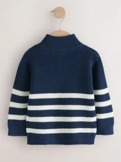 Clearance Next Knitted Quarter Zip Jumper (3mths-7yrs) Navy Blue/Ecru Stripe