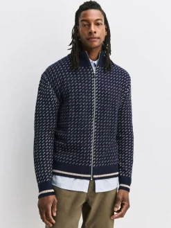 Best Next Navy Blue/Ecru White Relaxed Fit Geometric Pattern Zip Through Cardigan with Wool