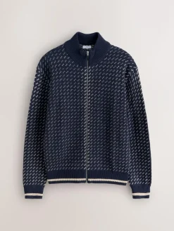 Best Next Navy Blue/Ecru White Relaxed Fit Geometric Pattern Zip Through Cardigan with Wool