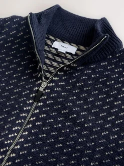 Best Next Navy Blue/Ecru White Relaxed Fit Geometric Pattern Zip Through Cardigan with Wool