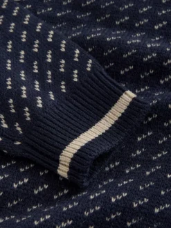 Best Next Navy Blue/Ecru White Relaxed Fit Geometric Pattern Zip Through Cardigan with Wool