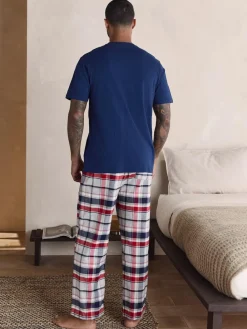 New Next Check Woven Short Sleeve Pyjamas Set Navy Blue/Grey