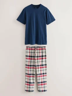 New Next Check Woven Short Sleeve Pyjamas Set Navy Blue/Grey
