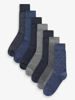 Clearance Next Navy Blue/Grey Pattern 7 Pack Mens Cotton Rich Socks