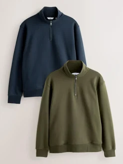 Next Navy Blue/Khaki Green 2 Pack Cotton Rich Heavyweight Jersey Quarter Zip Neck Sweatshirts^ Sweatshirts & Hoodies|Sweatshirts & Hoodies