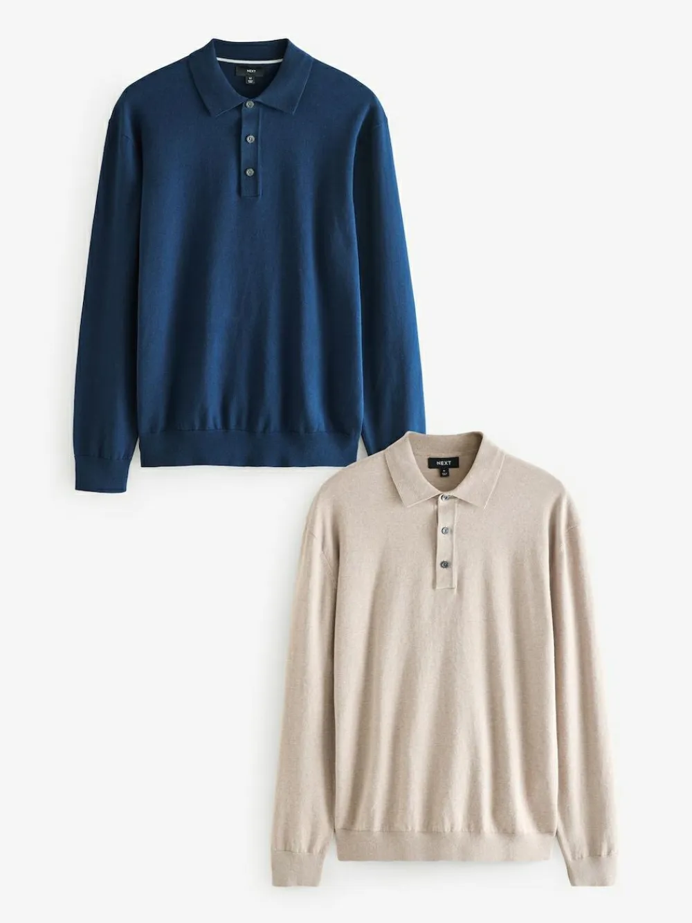 Best Next Regular Fit Knitted Long Sleeve Polo Shirts 2 Pack Navy Blue/Neutral